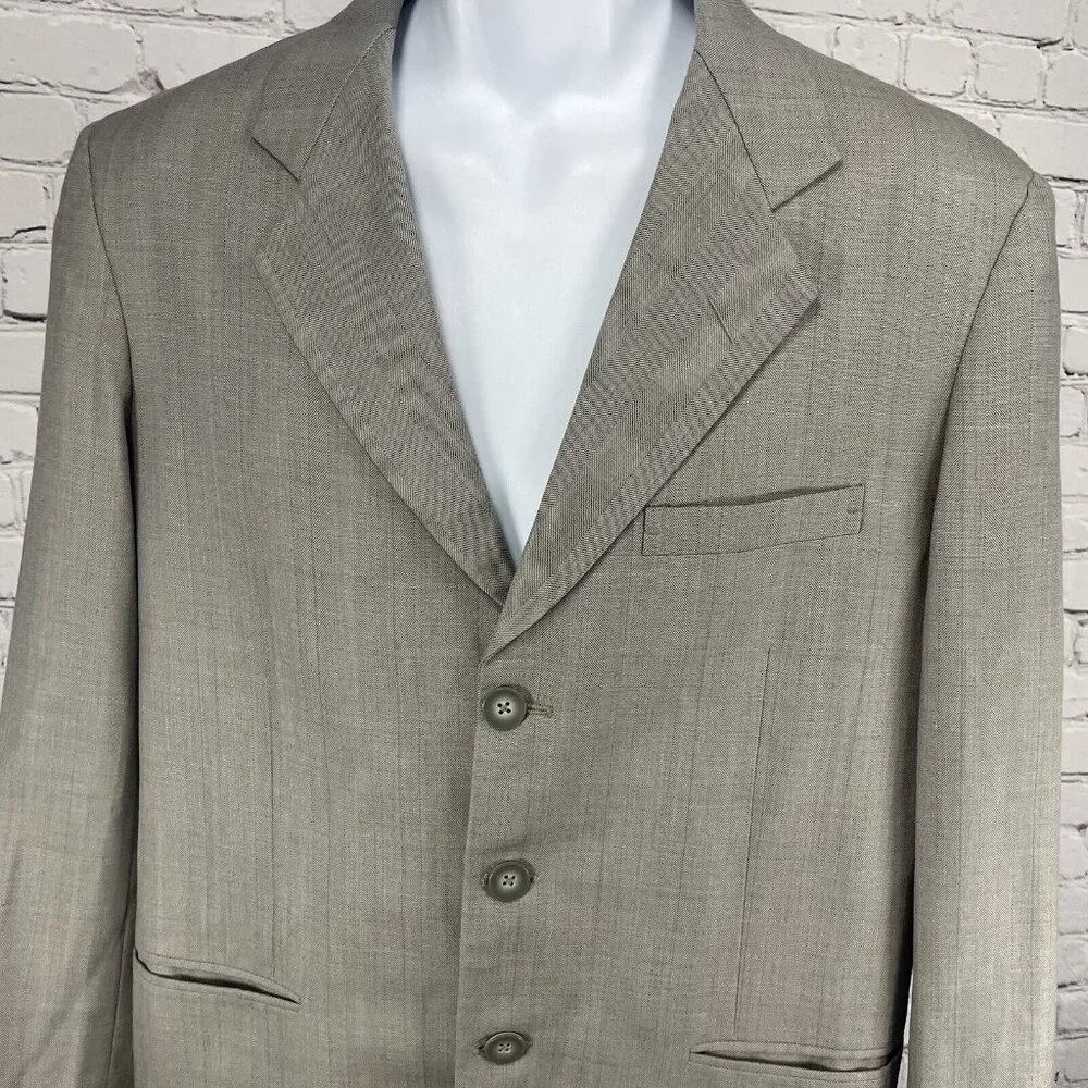 Navdeep Grey Striped Suit Set 3 Button Ventless Blazer Pleated Size 42 (31x29)